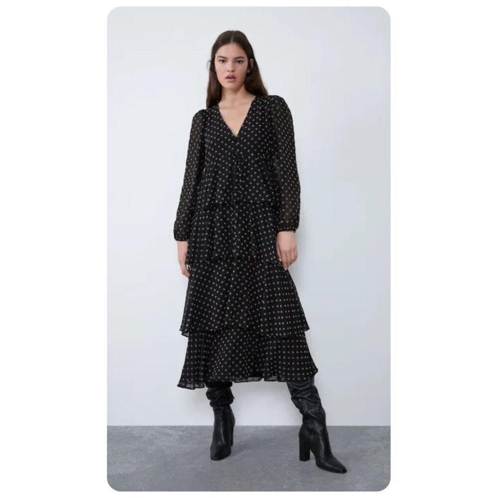 Zara Black Brown Polka Dot Long Sleeve Ruffle Tiered Dress sz S